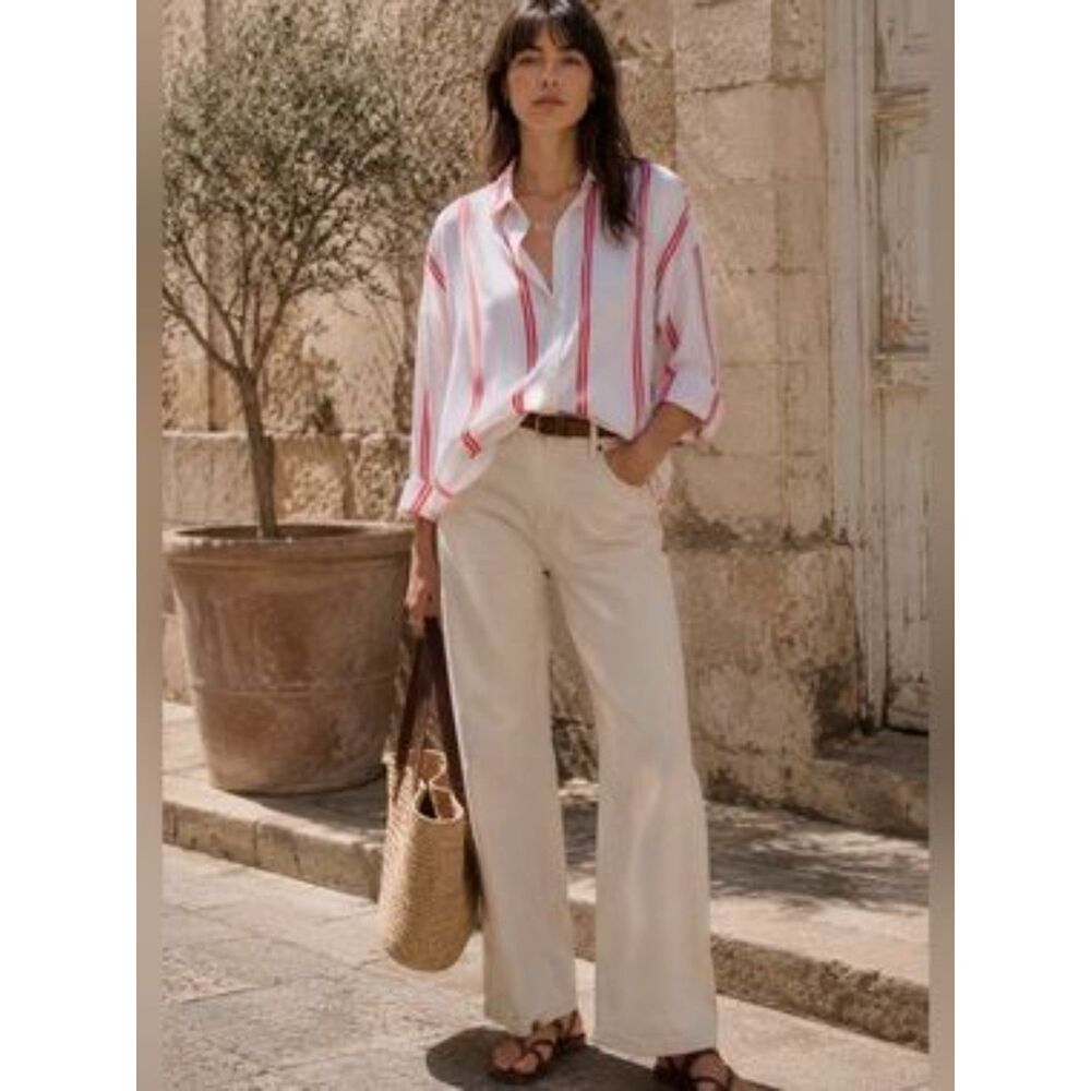Scotch & Soda Sheer Hot Lips Oversized Stripe Button Up Blouse White Red Sz 1